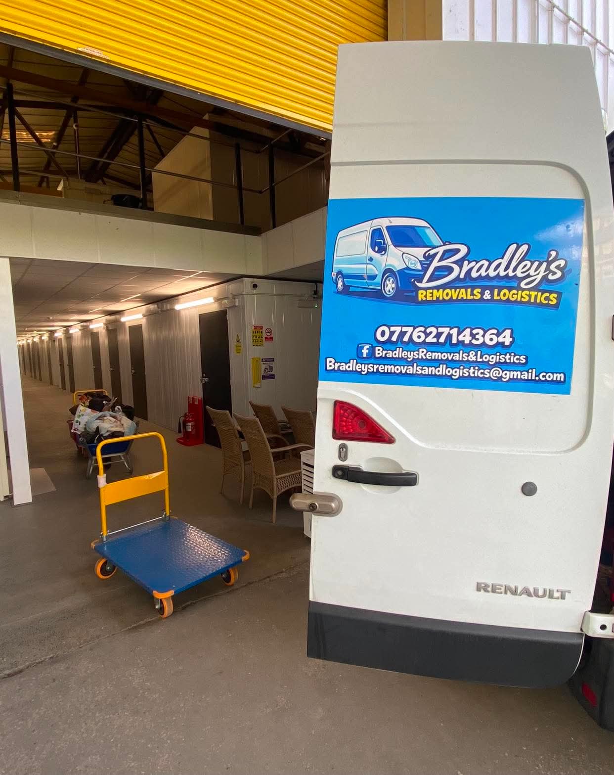 Bradley's Removals & Logistics branded van at storage facility